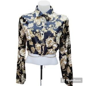 NWT Black & Gold Baroque Satin Button-Down Blouse - Medium